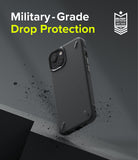 iPhone 13 Mini Case | Onyx - Black phone case with textured back and military-grade drop protection badge on gray background.
