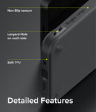 iPhone 13 Mini Case | Onyx - Close-up of black phone case highlighting non-slip texture, lanyard holes, and soft TPU material.