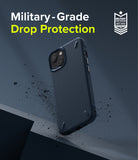 iPhone 13 Mini Case | Onyx - Navy blue textured phone case floating with debris, featuring military-grade drop protection text.