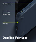 iPhone 13 Mini Case | Onyx - Close-up of navy phone case highlighting non-slip texture, lanyard holes, and soft TPU material.