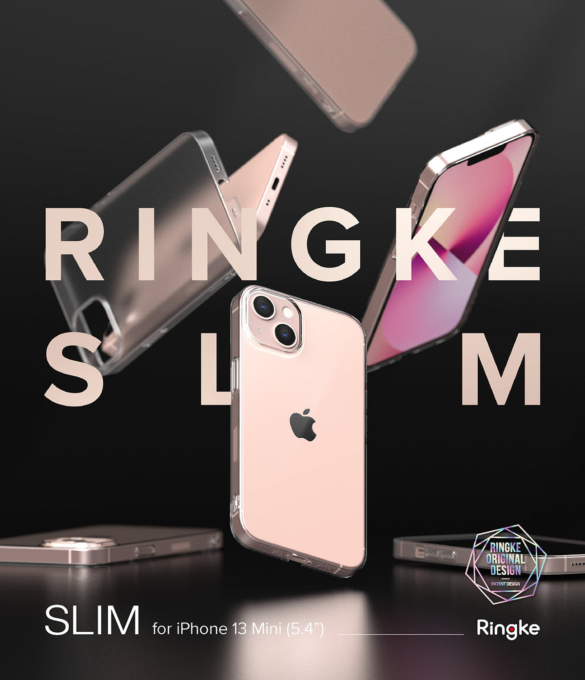iPhone 13 Mini Case | Slim - Multiple clear iPhone 13 Mini cases floating against a dark background with Ringke branding.