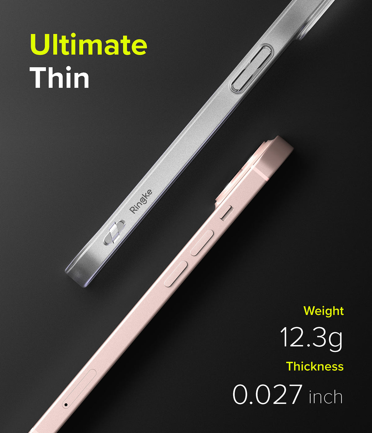 iPhone 13 Mini Case | Slim - Side view of two thin phone cases showing 12.3g weight and 0.027 inch thickness specifications.