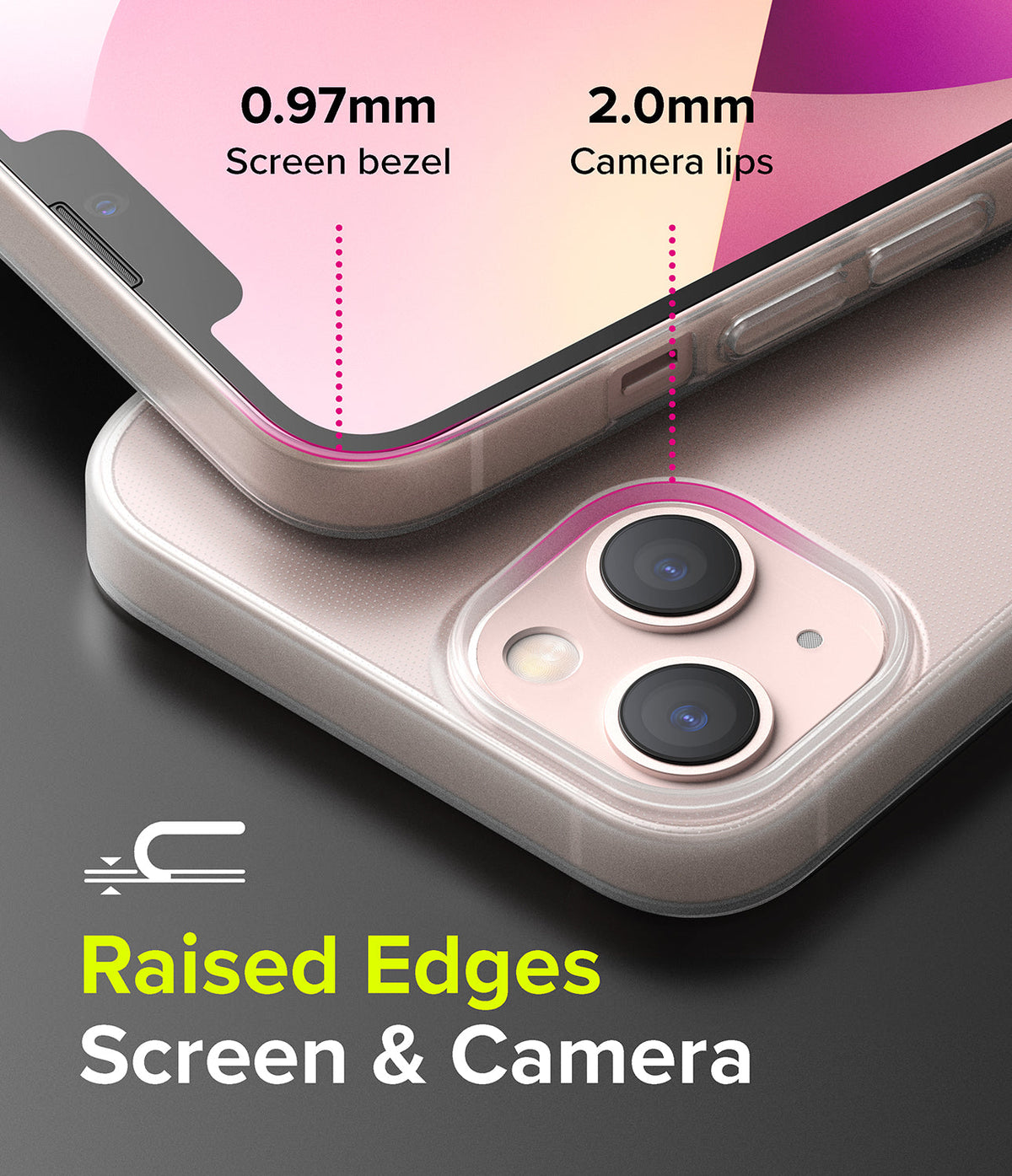 iPhone 13 Mini Case | Slim - Close-up of phone case showing 0.97mm screen bezel and 2.0mm camera lips for raised protection.