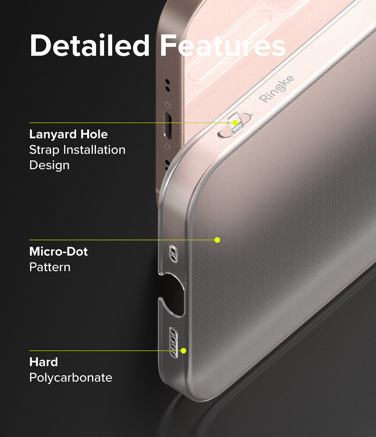 iPhone 13 Mini Case | Slim - Close-up of phone case highlighting lanyard hole, micro-dot pattern, and hard polycarbonate material.