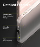iPhone 13 Mini Case | Slim - Close-up of phone case highlighting lanyard hole, micro-dot pattern, and hard polycarbonate material.