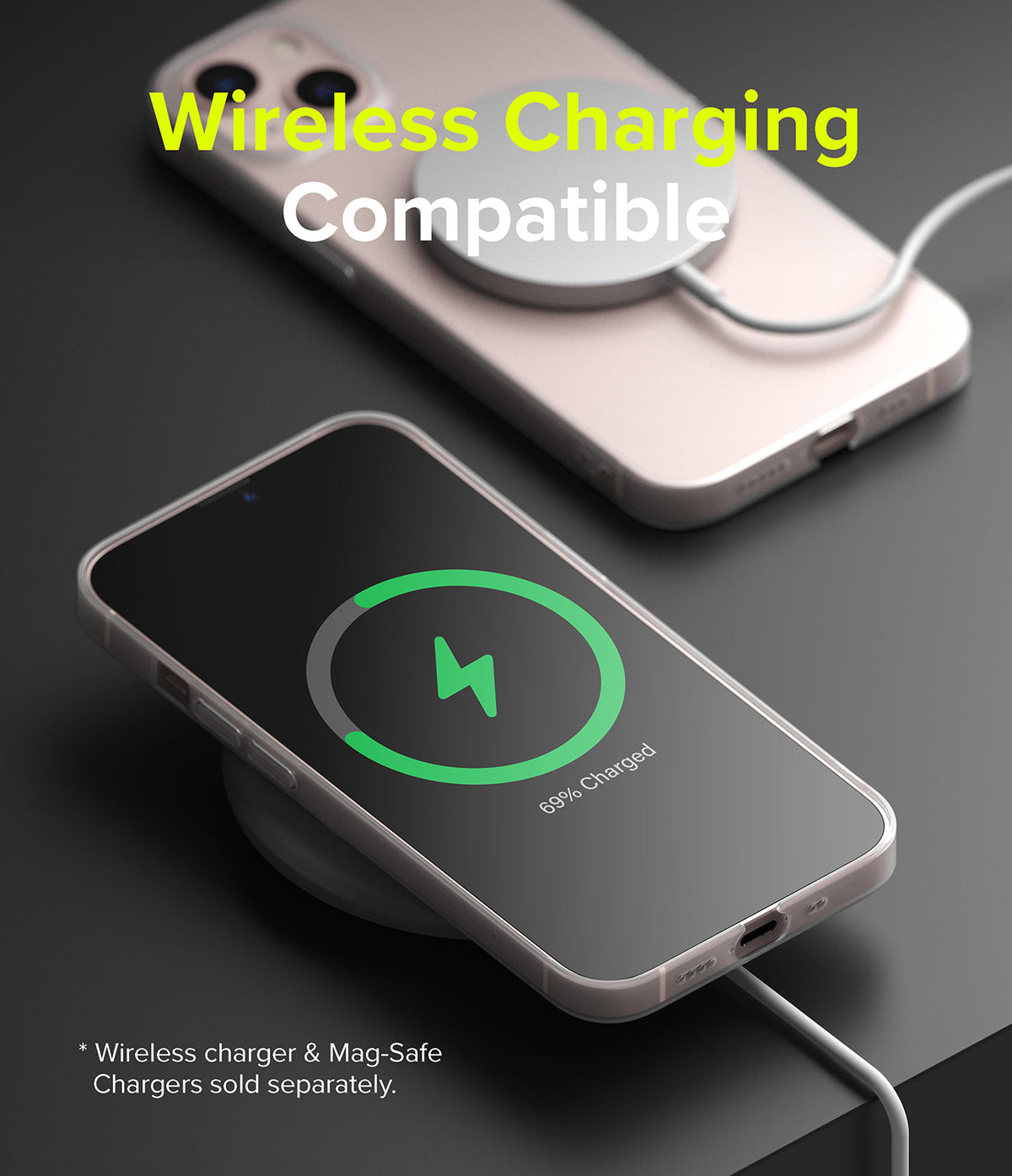 iPhone 13 Mini Case | Slim - Pink iPhone 13 Mini in a clear case wirelessly charging with a green battery icon on screen.