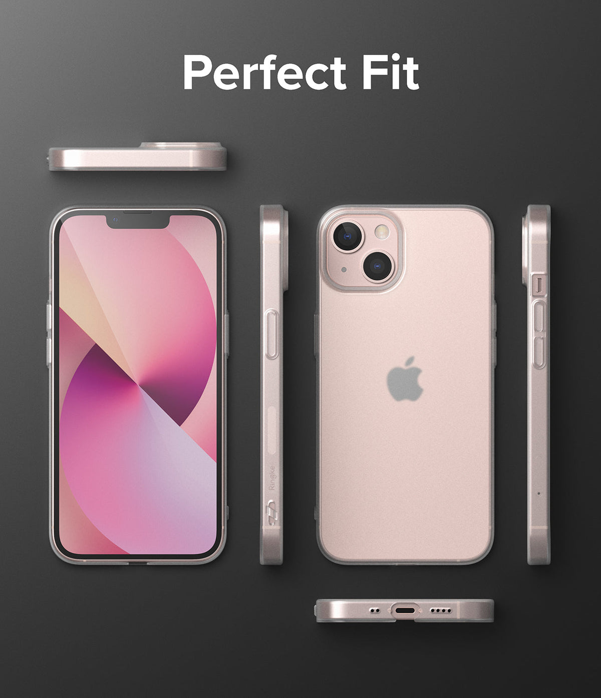 iPhone 13 Mini Case | Slim - Multiple views of a pink iPhone 13 Mini in a slim, clear protective case on a dark background.