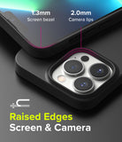 iPhone 13 Pro Max Case | Air-S - Close-up showing 1.3mm screen bezel and 2.0mm camera lip protection on a black phone case.