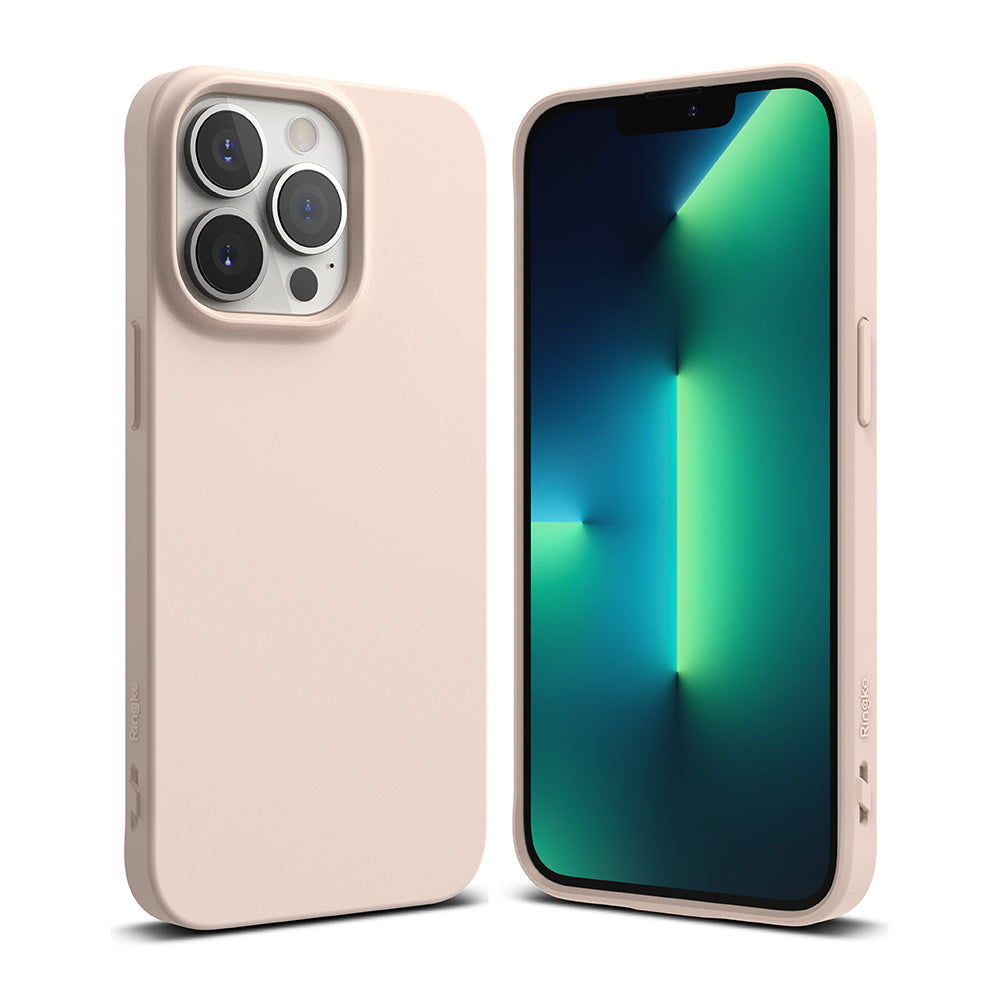iPhone 13 Pro Max Case | Air-S - Matte beige protective case shown from front and back angles on an iPhone 13 Pro Max.
