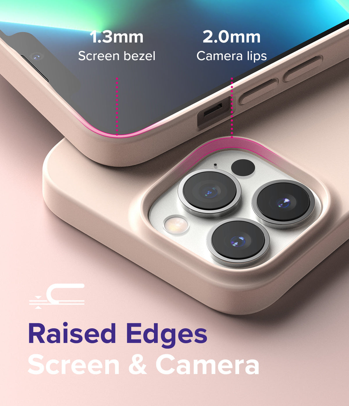 iPhone 13 Pro Max Case | Air-S - Close-up of phone case showing 1.3mm screen bezel and 2.0mm raised camera lips for protection.