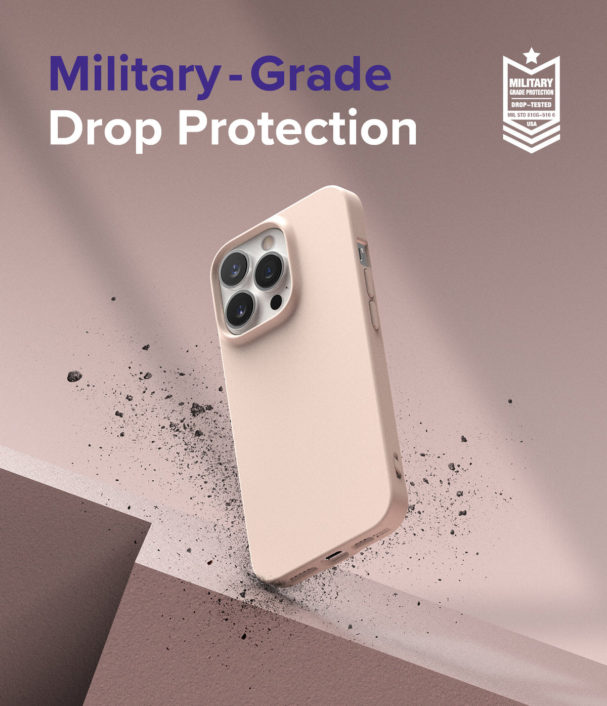 iPhone 13 Pro Max Case | Air-S - A beige phone case floating above debris with Military-Grade Drop Protection text.