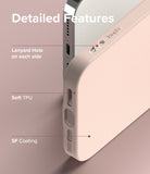 iPhone 13 Pro Max Case | Air-S - Close-up of a pink phone case highlighting lanyard holes, soft TPU material, and SF coating.