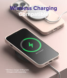 iPhone 13 Pro Max Case | Air-S - Two iPhones in light-colored cases charging wirelessly on a soft pink surface.