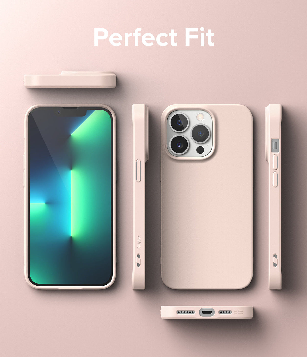 iPhone 13 Pro Max Case | Air-S - Exploded view of a light pink phone case showing front, back, and side profiles.