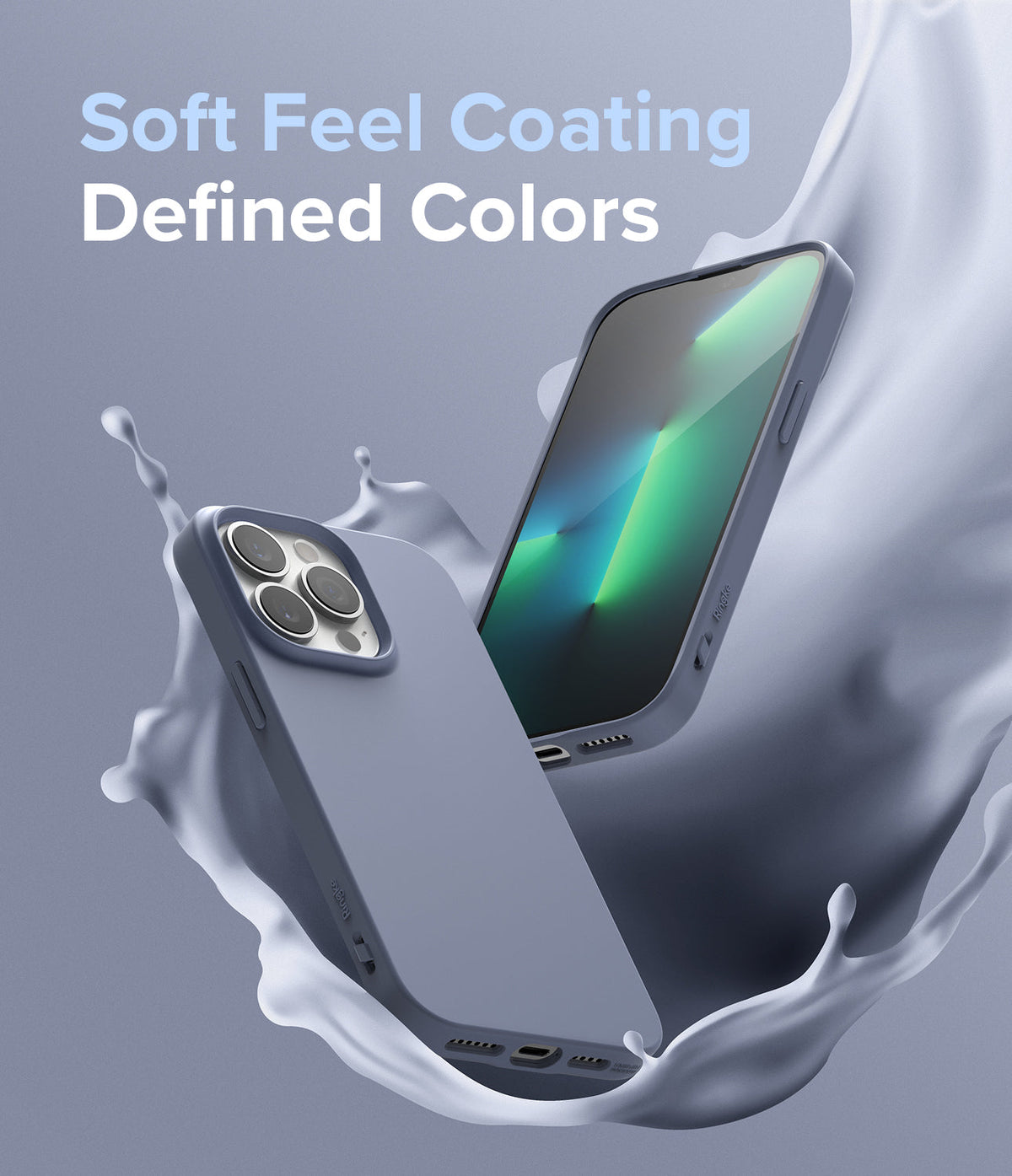 iPhone 13 Pro Max Case | Air-S - Two matte blue phone cases floating amidst a dynamic splash of liquid on a grey background.