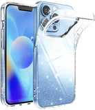 iPhone 13 Pro Case | Air - Clear, glittery phone case partially detached from a light blue iPhone 13 Pro.