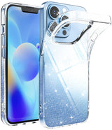 iPhone 13 Pro Case | Air - Clear, glittery phone case partially detached from a light blue iPhone 13 Pro.