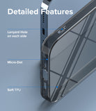 iPhone 13 Pro Max Case | Air - Diagram highlighting lanyard holes, micro-dot pattern, and soft TPU material of a clear case.