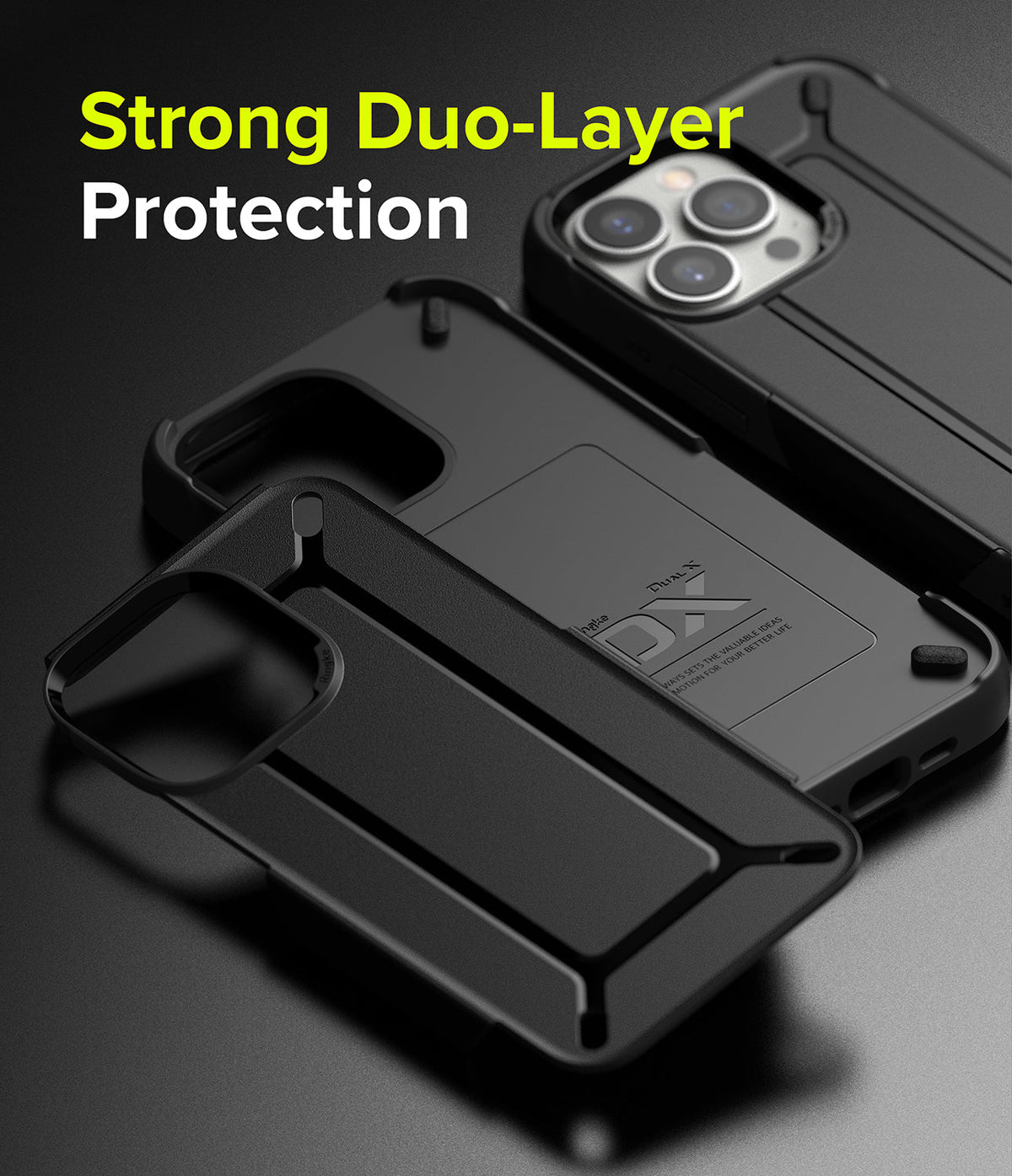 iPhone 13 Pro Max Case | DX - Two black protective phone cases stacked, featuring a rugged, duo-layer design and branding.