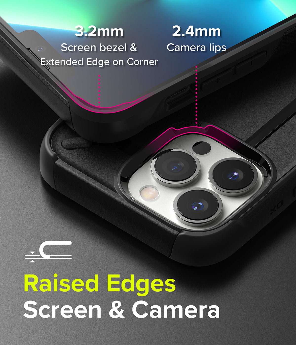 iPhone 13 Pro Max Case | DX - Close-up of phone case showing 3.2mm screen bezel and 2.4mm raised camera lips for protection.