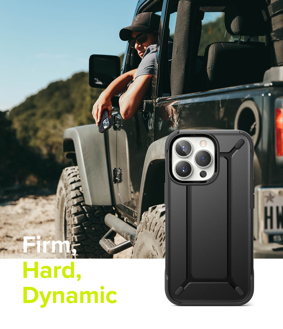iPhone 13 Pro Max Case | DX - Black rugged phone case shown next to a person in a Jeep, with text reading Firm, Hard, Dynamic.