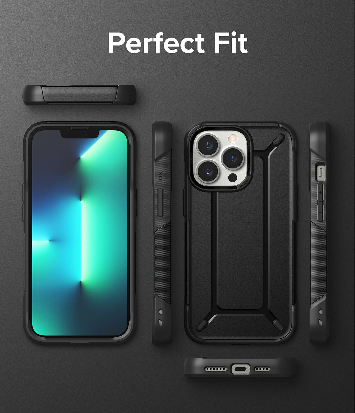 iPhone 13 Pro Max Case | DX - Multiple views of a black protective phone case showing front, back, and side profiles.
