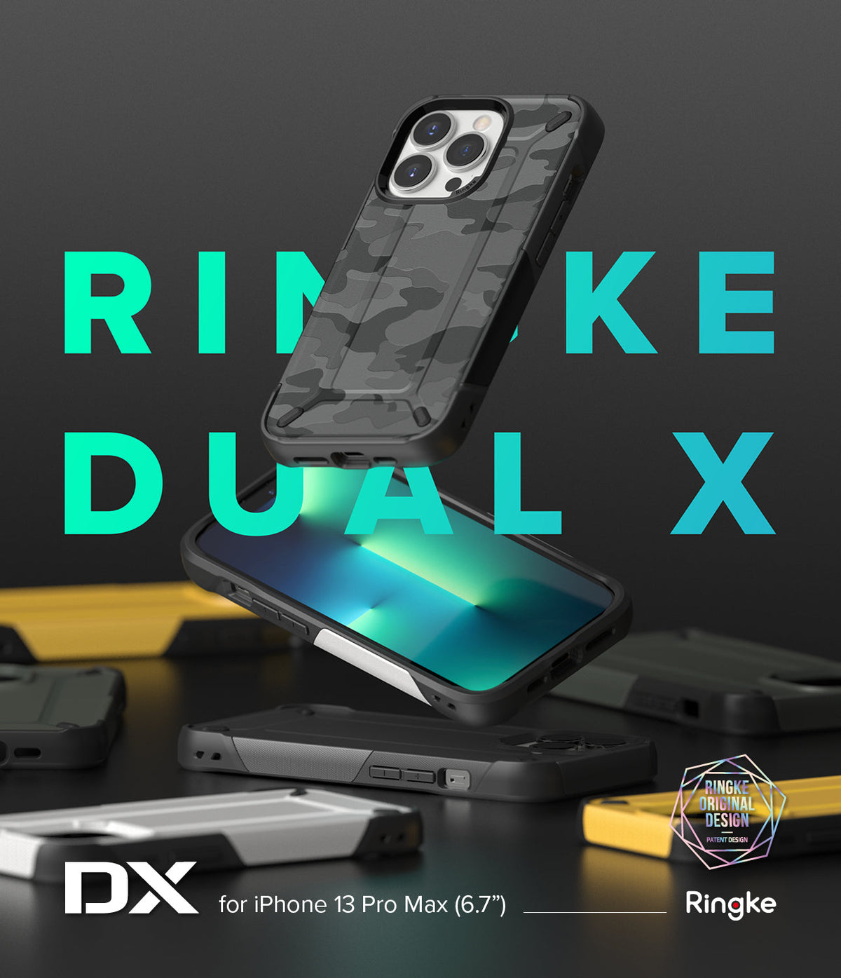 iPhone 13 Pro Max Case | DX - Black camo phone case floating above a desk with other cases and Ringke branding.