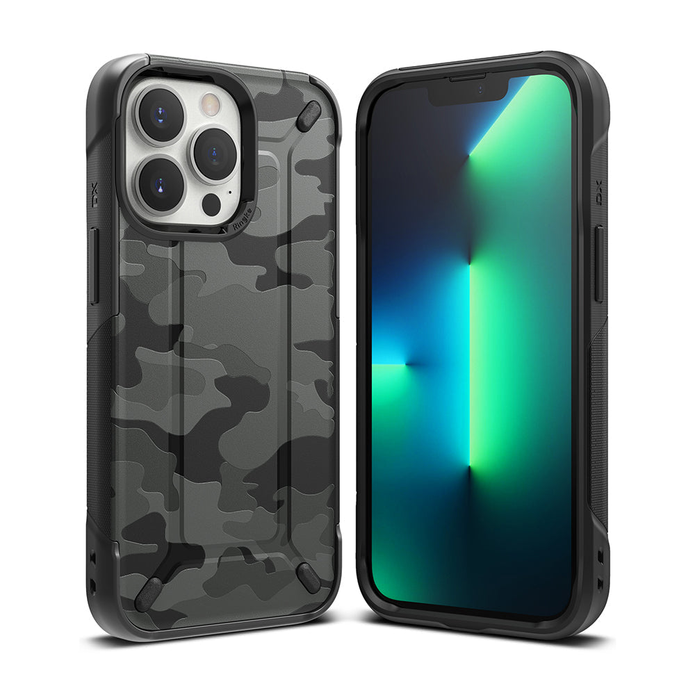 iPhone 13 Pro Max Case | DX - Black camouflage protective phone case shown from front and back angles.