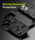 iPhone 13 Pro Max Case | DX - Two black camouflage phone cases shown from back and front angles on a dark surface.