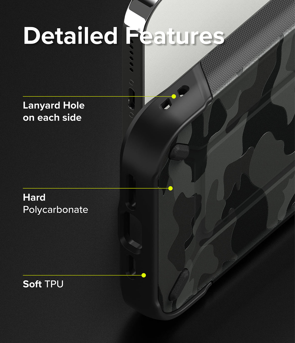 iPhone 13 Pro Max Case | DX - Camo phone case highlighting lanyard holes, hard polycarbonate, and soft TPU features.