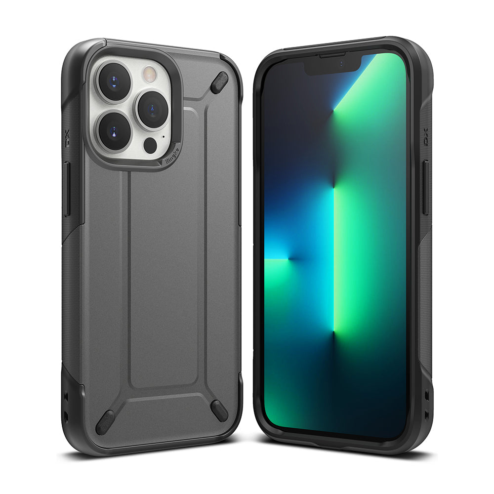 iPhone 13 Pro Max Case | DX - Gray rugged protective case shown from back and front views with a green gradient screen.