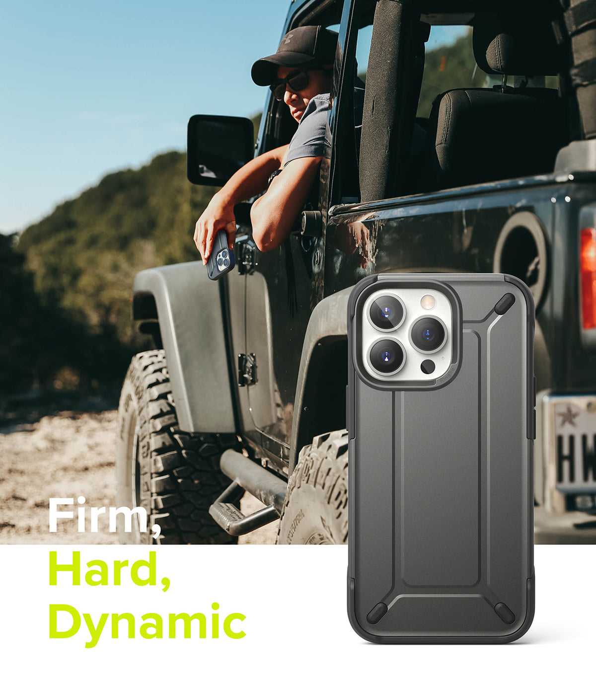 iPhone 13 Pro Max Case | DX - Rugged dark grey phone case shown against a man in a Jeep with text Firm, Hard, Dynamic.