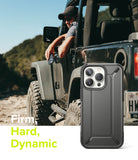 iPhone 13 Pro Max Case | DX - Rugged dark grey phone case shown against a man in a Jeep with text Firm, Hard, Dynamic.
