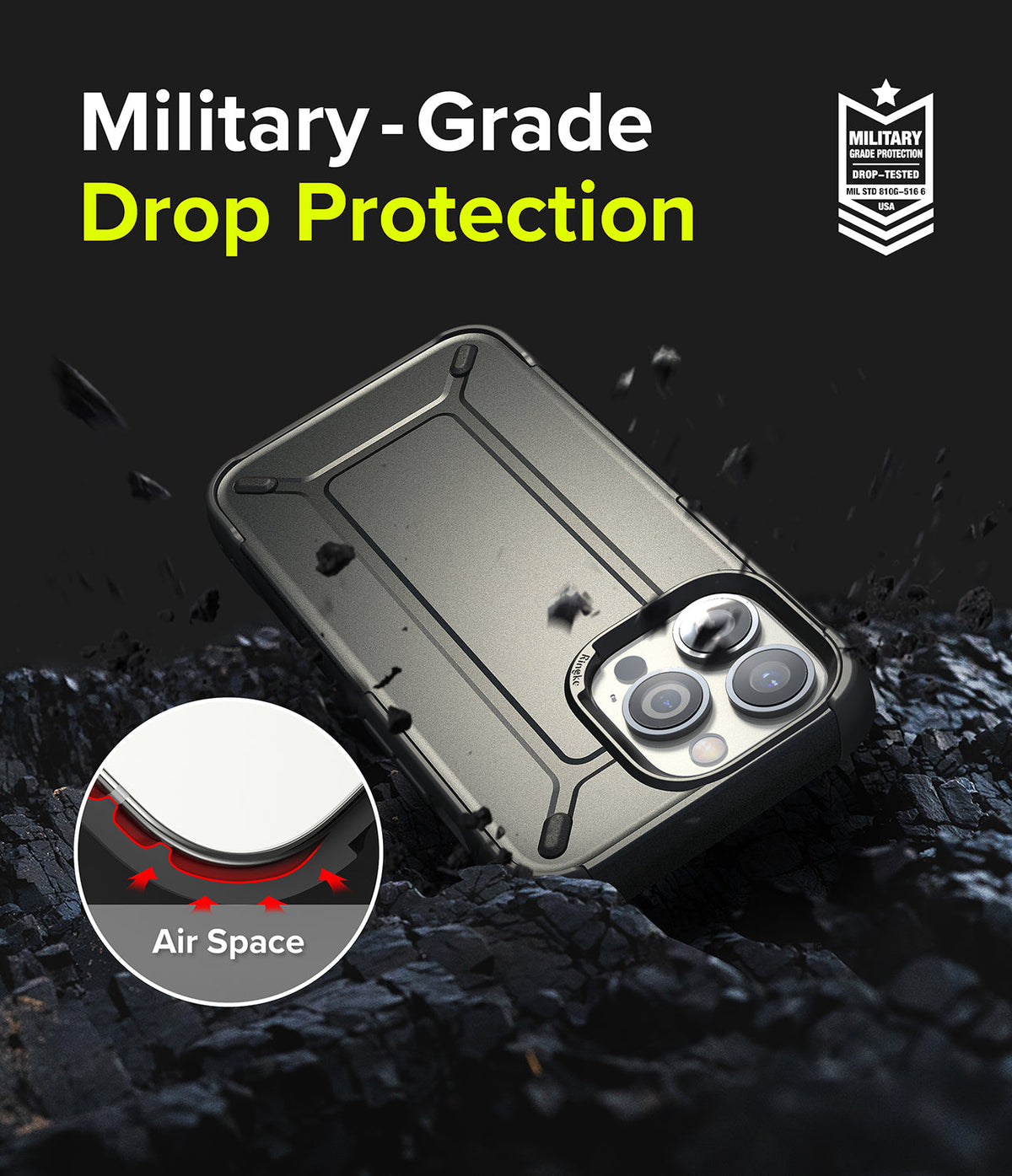 iPhone 13 Pro Max Case | DX - Rugged phone case on rocky ground with military-grade drop protection and air space cushion detail.