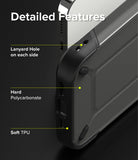 iPhone 13 Pro Max Case | DX - Close-up of phone case highlighting lanyard holes, hard polycarbonate, and soft TPU features.