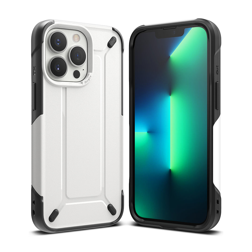 iPhone 13 Pro Max Case | DX - White and black protective phone case shown from the back and front with a green screen.