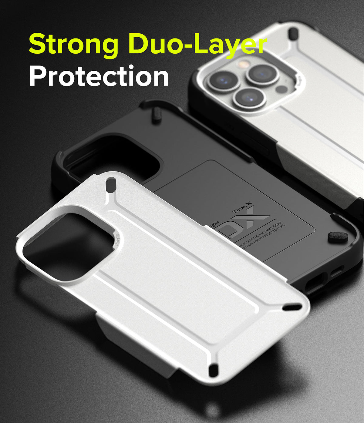 iPhone 13 Pro Max Case | DX - Two-piece white and black protective phone case layers on a dark surface.