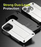 iPhone 13 Pro Max Case | DX - Two-piece white and black protective phone case layers on a dark surface.