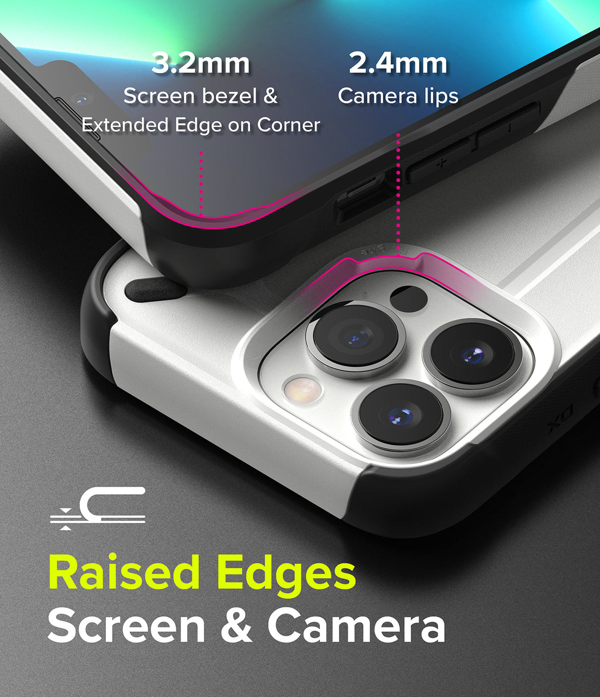 iPhone 13 Pro Max Case | DX - Close-up of phone case showing 3.2mm screen bezel and 2.4mm raised camera lips for protection.