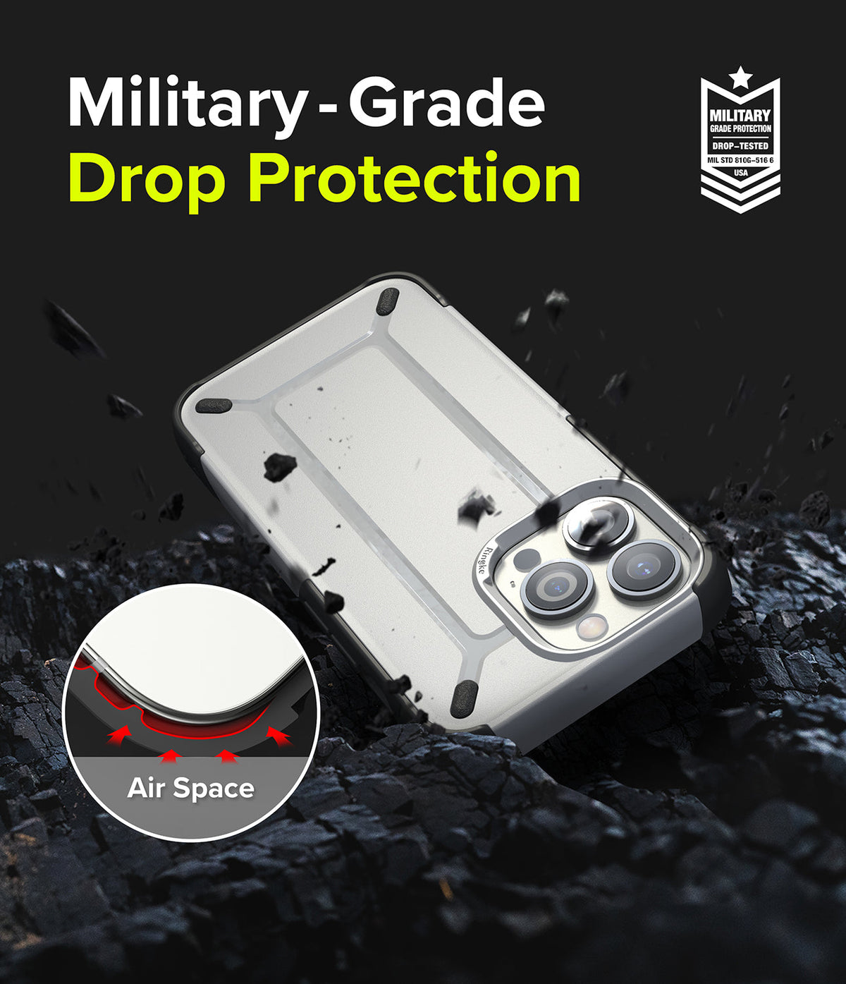 iPhone 13 Pro Max Case | DX - Protective phone case with air space technology, floating over rocky terrain with text overlay.