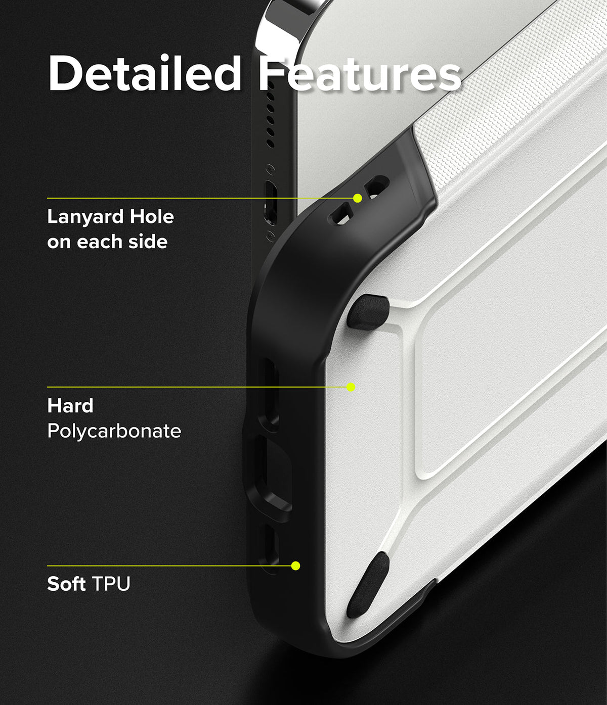iPhone 13 Pro Max Case | DX - Close-up of phone case highlighting lanyard holes, hard polycarbonate, and soft TPU features.