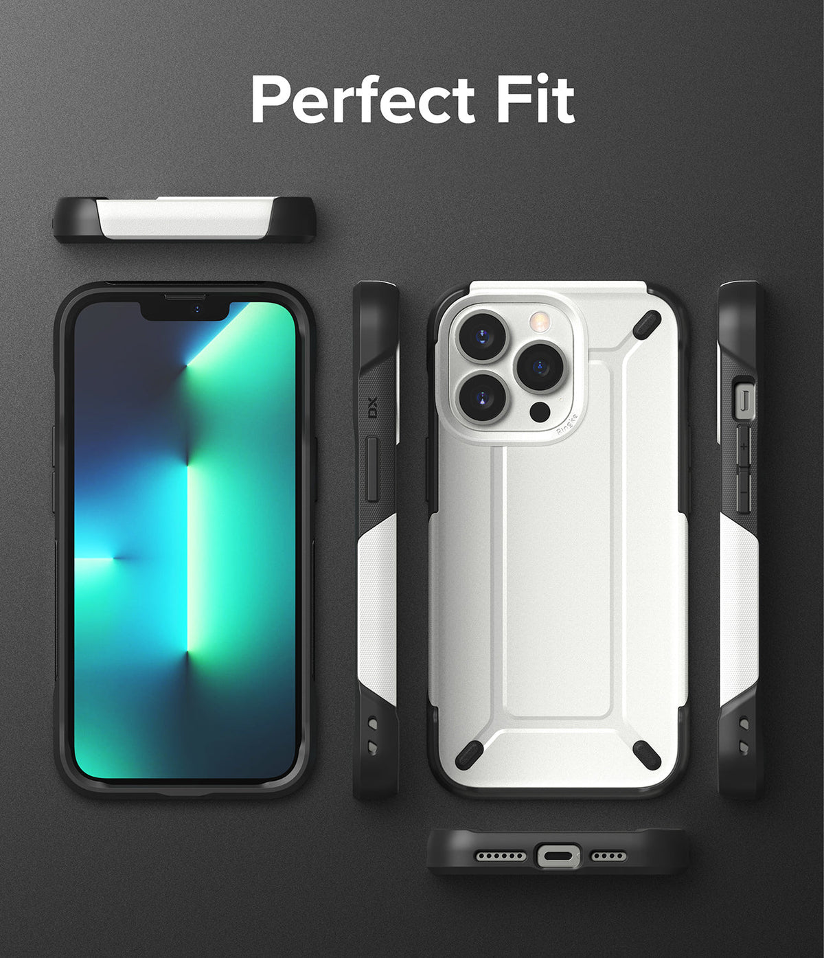 iPhone 13 Pro Max Case | DX - White and black protective phone case shown from multiple angles with a perfect fit.