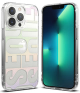 iPhone 13 Pro Max Case | Fusion Design - Clear phone case with pastel typography overlaying the back and a green screen.