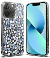 iPhone 13 Pro Max Case | Fusion Design - Clear phone case featuring a floral pattern of white, blue, and purple flowers on a black background.