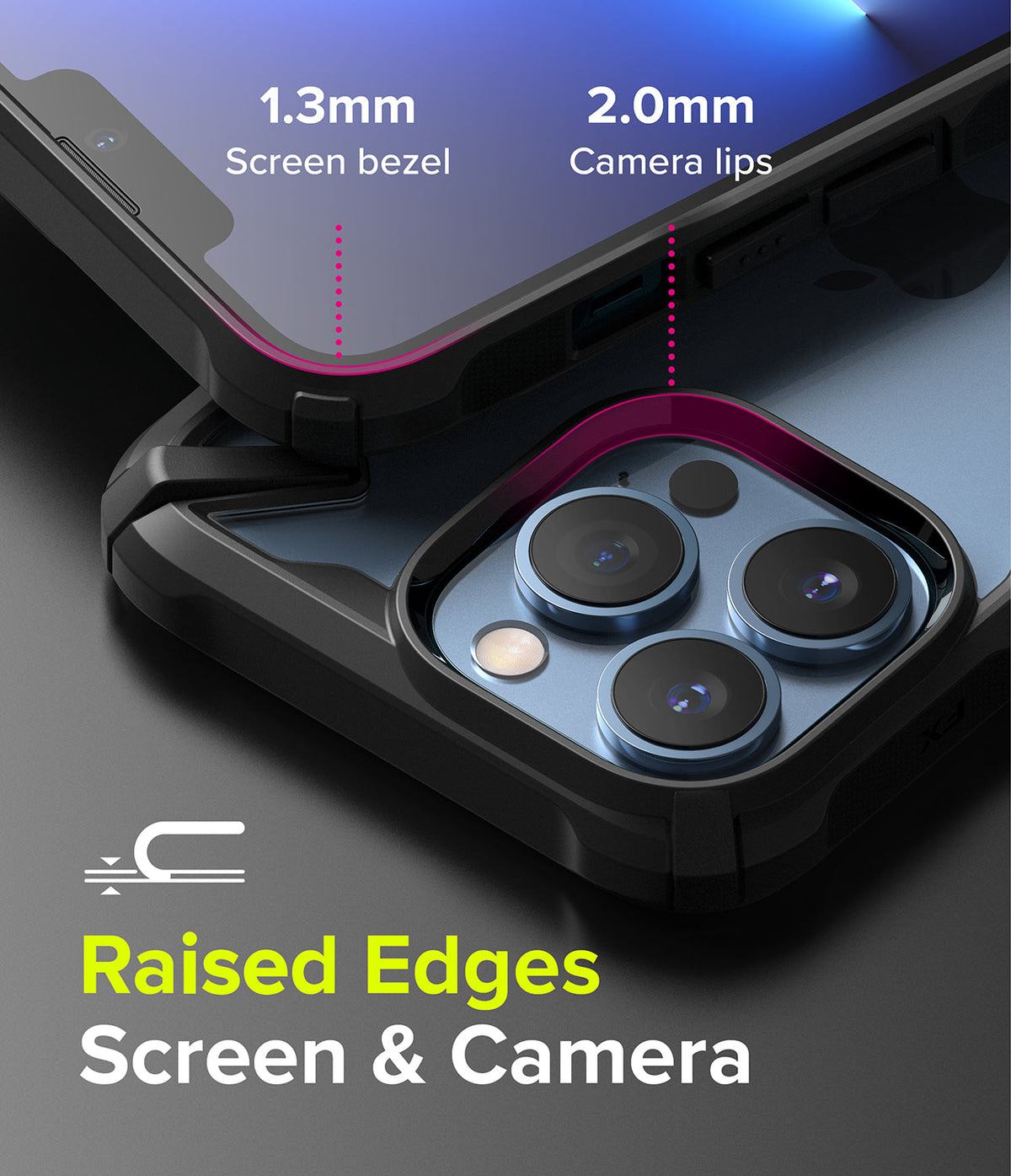 iPhone 13 Pro Max Case | Fusion-X - Close-up showing 1.3mm screen bezel and 2.0mm camera lips for raised edge protection.