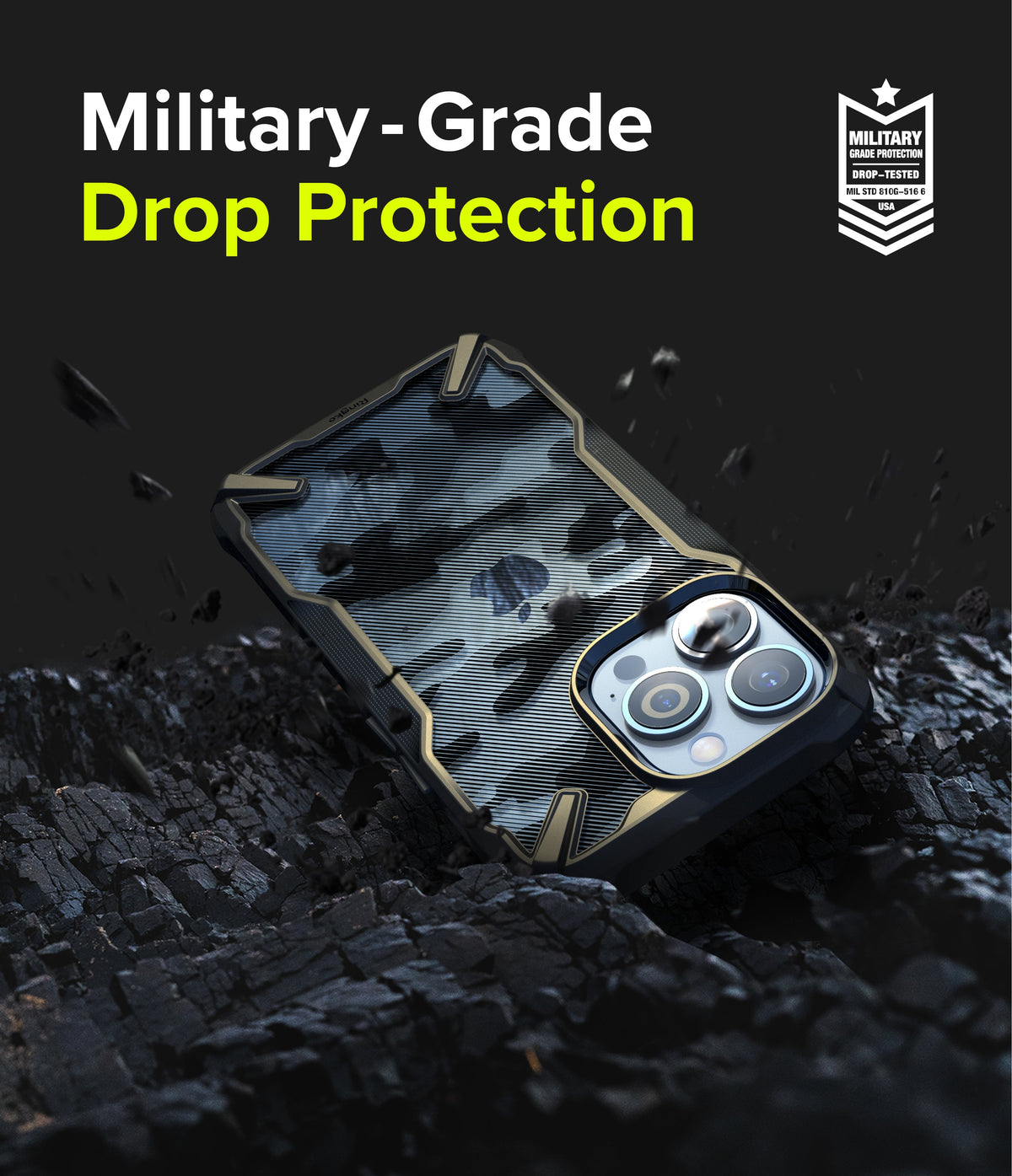 iPhone 13 Pro Max Case | Fusion-X - Camo phone case on dark, rocky terrain with military-grade drop protection text.