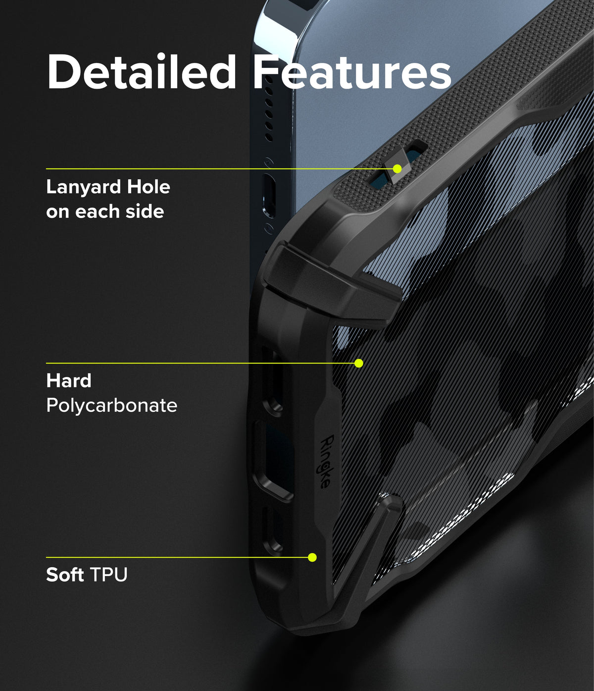 iPhone 13 Pro Max Case | Fusion-X - Close-up of phone case highlighting lanyard holes, hard polycarbonate, and soft TPU.