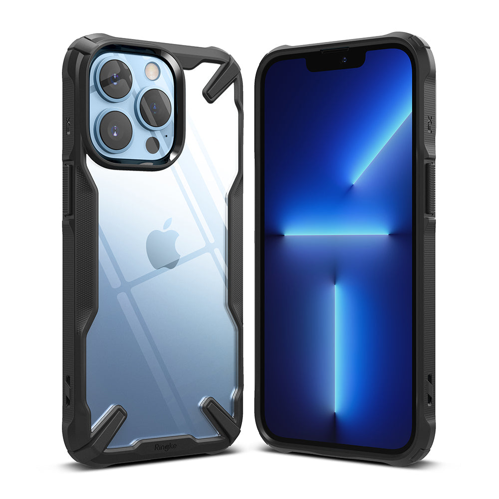 iPhone 13 Pro Case | Fusion-X - Blue iPhone 13 Pro in a clear, rugged black Fusion-X case, shown from front and back angles.