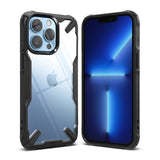 iPhone 13 Pro Max Case | Fusion-X - Front and back views of a blue iPhone 13 Pro Max in a black, clear-backed protective case.