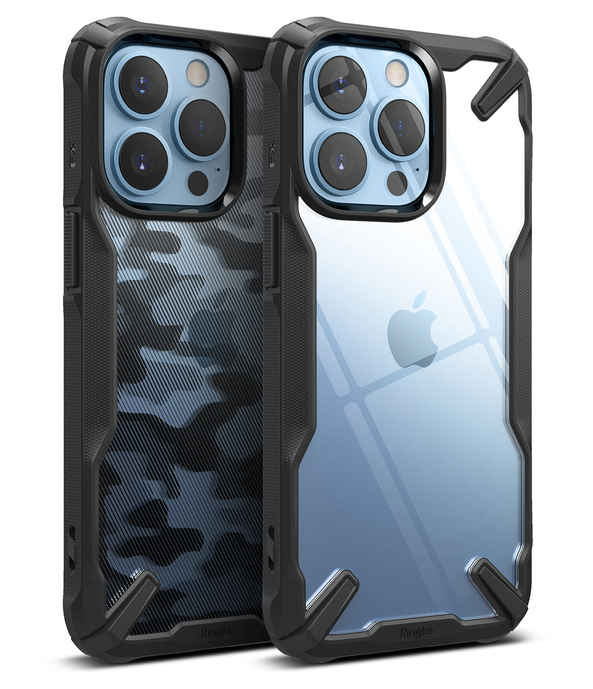 iPhone 13 Pro Max Case | Fusion-X - Two iPhone 13 Pro Max phones in black rugged cases, one with a camo back and one clear.